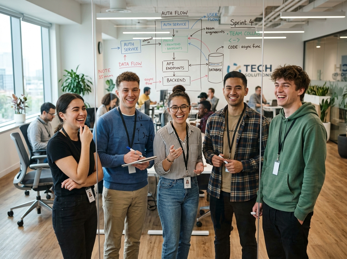 Team of interns presenting architecture by glass whiteboard
